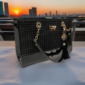 Carolyn Tucker Collection Black Faux Patent Leather handbag Gold Studs